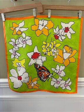NWOT 21” x 21” Bright Green Floral Silk Scarf with Orange Trim